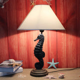 Contemporary Blue/Red Sea Horse Table Lamp With Cone Fabric Shade - Resin 1 Light Dark Blue