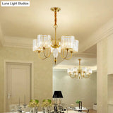 Contemporary Brass Cylinder Ceiling Chandelier With Crystal Facets - 3/5/6 Head Pendant Light