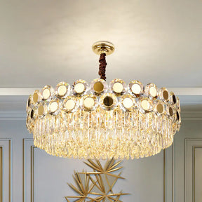 Contemporary Brass Drum Chandelier With Crystal Facets - 9-Light Hanging Pendant Ceiling Fixture
