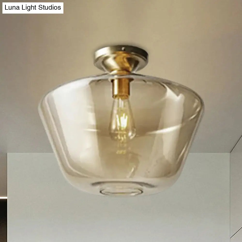 Contemporary Brass Flush Ceiling Fixture With Amber Glass Lampshade