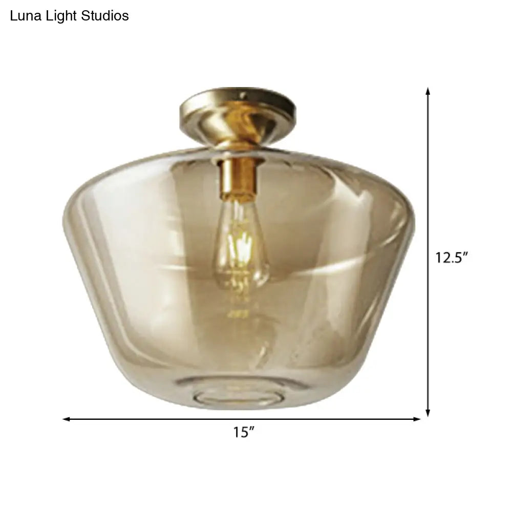 Contemporary Brass Flush Ceiling Fixture With Amber Glass Lampshade