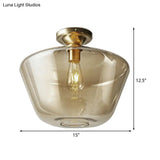 Contemporary Brass Flush Ceiling Fixture With Amber Glass Lampshade