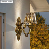 Contemporary Brass Porch Wall Lamp With Crystal Shade - 1 Bulb Lighting Fixture