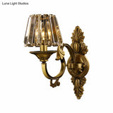 Contemporary Brass Porch Wall Lamp With Crystal Shade - 1 Bulb Lighting Fixture
