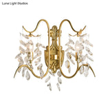 Contemporary Brass Sconce Light With Clear Crystal Strand - Curve Arm Wall (2-Light)