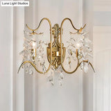 Contemporary Brass Sconce Light With Clear Crystal Strand - Curve Arm Wall (2-Light)