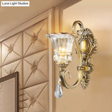 Contemporary Brass Wall Mount Light With Crystal Drop - Flower Bedroom Sconce