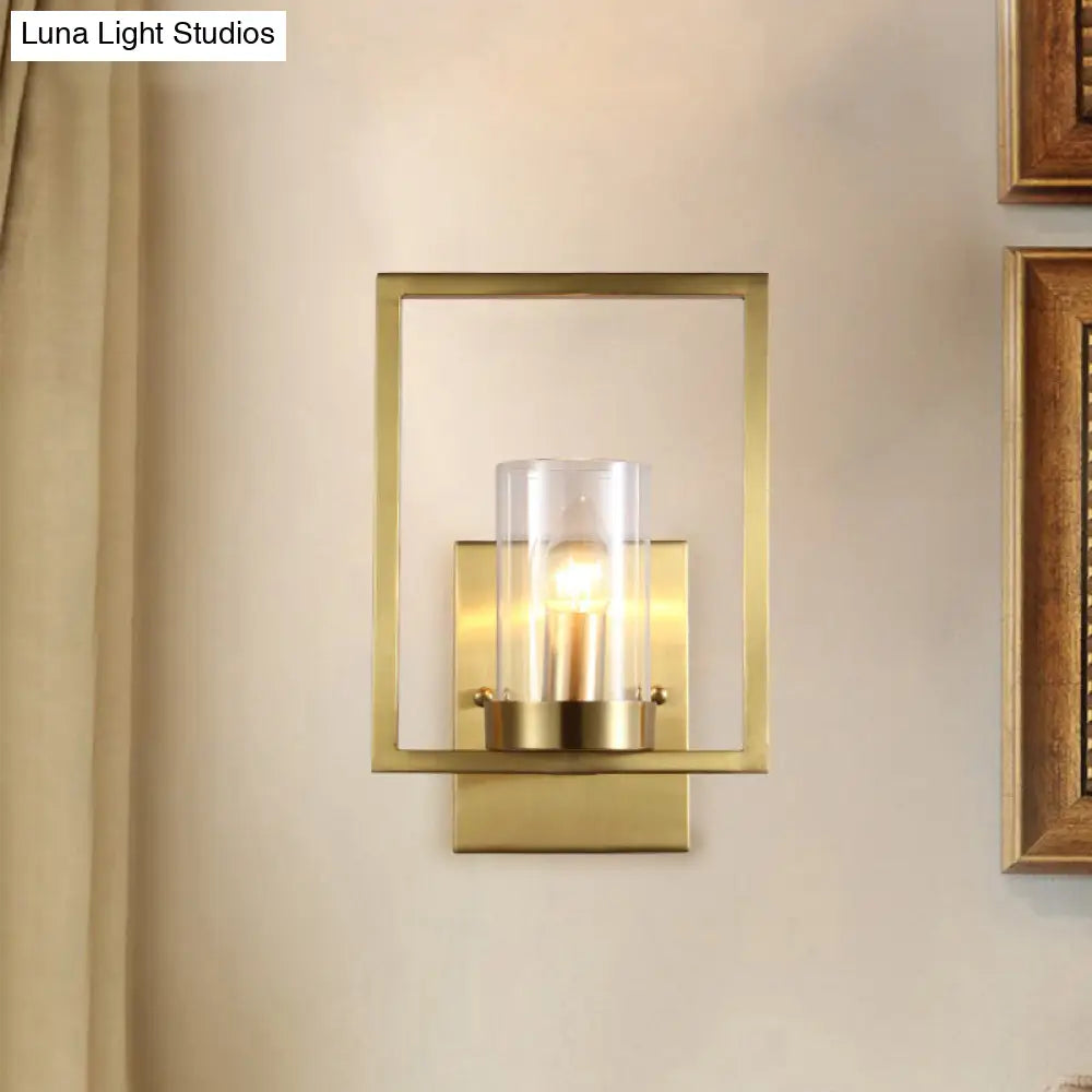 Contemporary Brass Wall Sconce With Clear Glass Shade - Cylindrical Bedroom Light Fixture