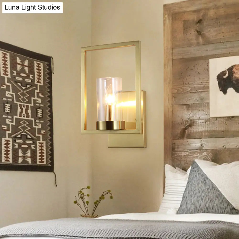 Contemporary Brass Wall Sconce With Clear Glass Shade - Cylindrical Bedroom Light Fixture