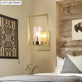 Contemporary Brass Wall Sconce With Clear Glass Shade - Cylindrical Bedroom Light Fixture