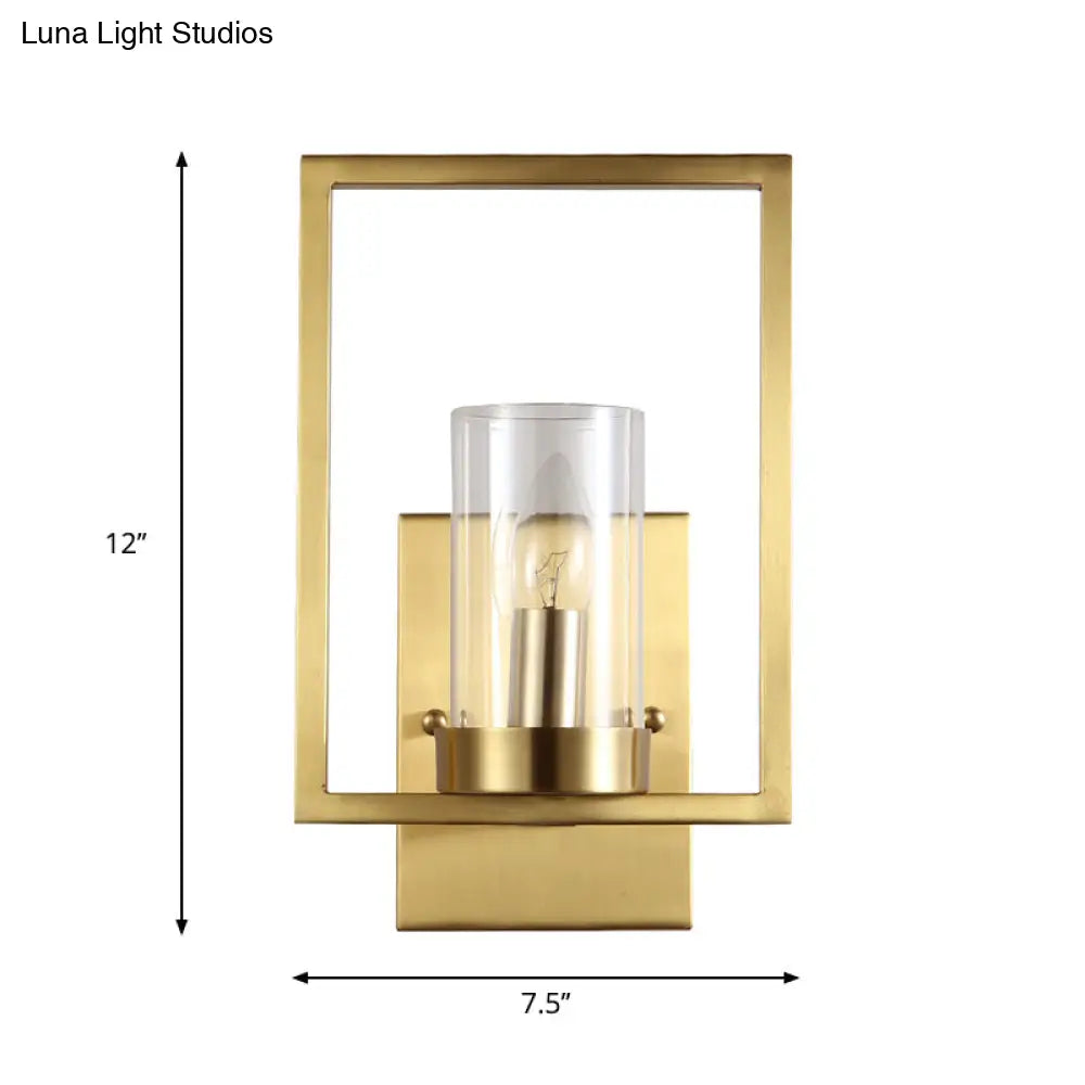 Contemporary Brass Wall Sconce With Clear Glass Shade - Cylindrical Bedroom Light Fixture