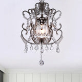 Contemporary Champagne/Coffee Crystal Suspension Light With Curvy Arm - 1-Head Lantern Down