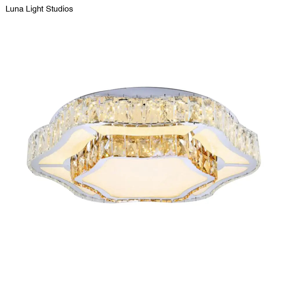 Contemporary Chrome Crystal Led Flush Light With 2 Layers Of Flower Design - Perfect For Living