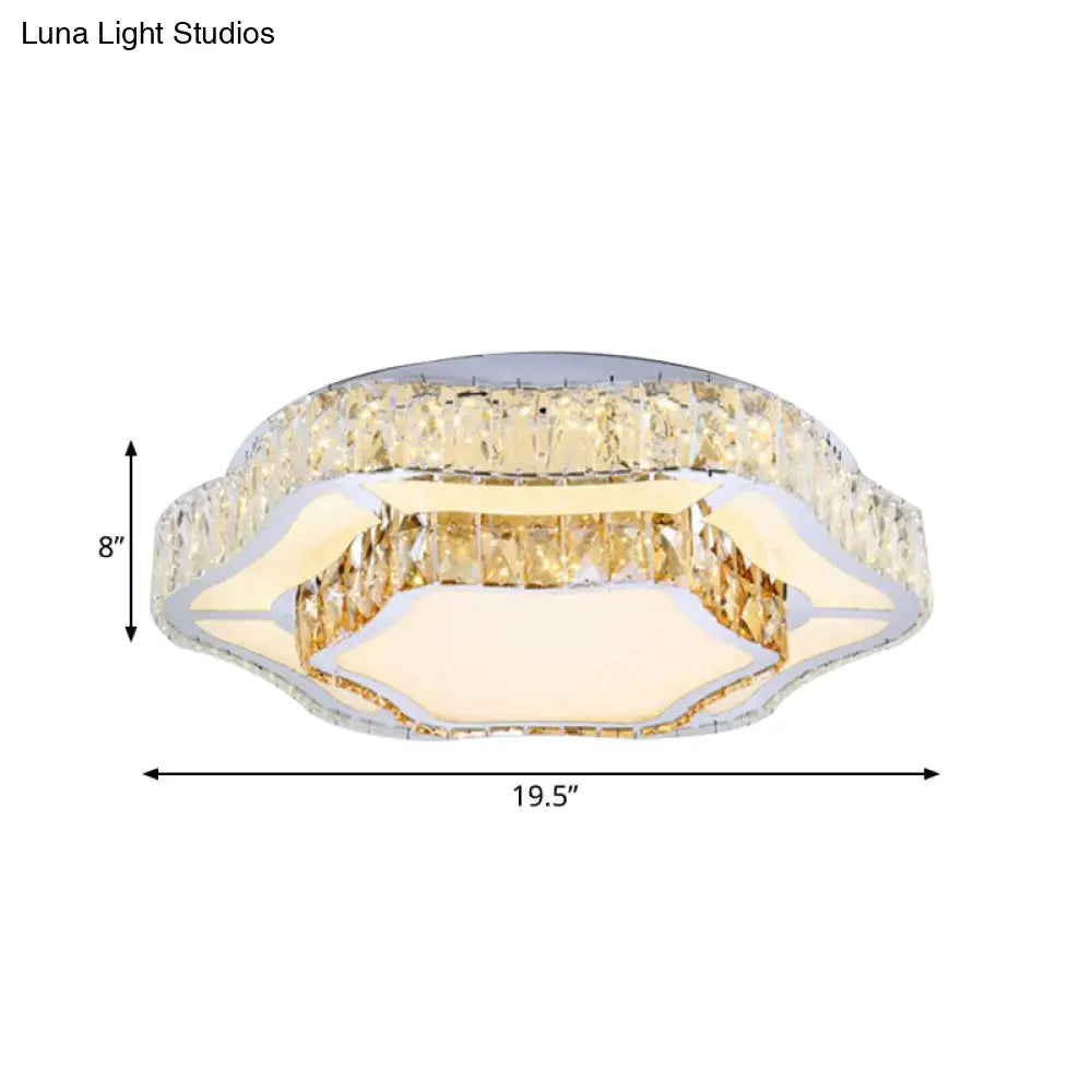 Contemporary Chrome Crystal Led Flush Light With 2 Layers Of Flower Design - Perfect For Living