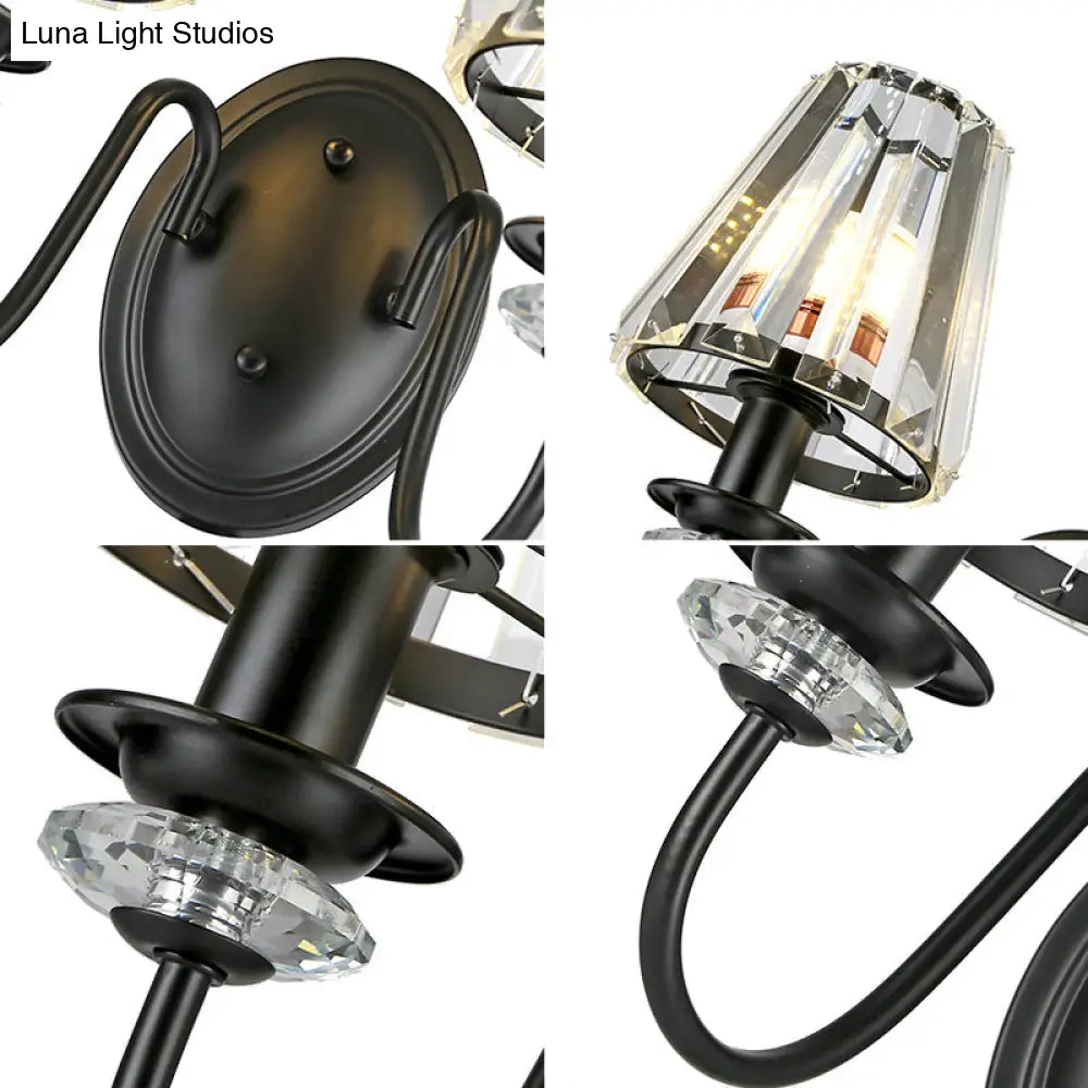 Contemporary Clear Crystal Cone Wall Mount Light - 1-Bulb Black Finish Lamp For Bedroom