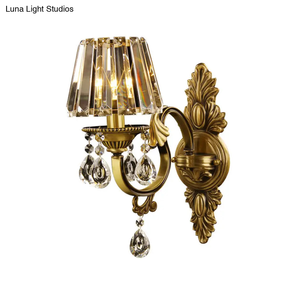 Contemporary Clear Crystal Conic Wall Sconce: 1-Bulb Black/Brass Finish Lighting For Corridor