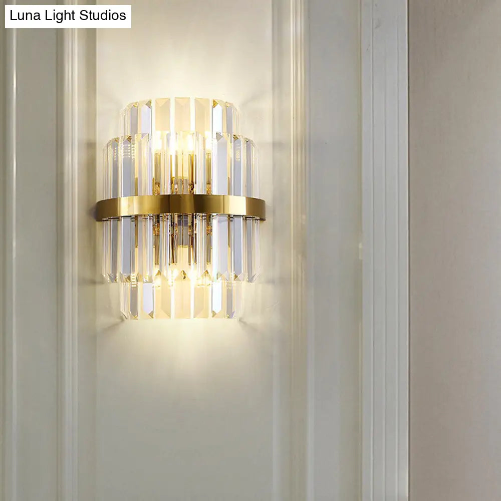Contemporary Clear Crystal Cylinder Wall Lamp With 2 Brass Bulbs For Bedroom Lighting