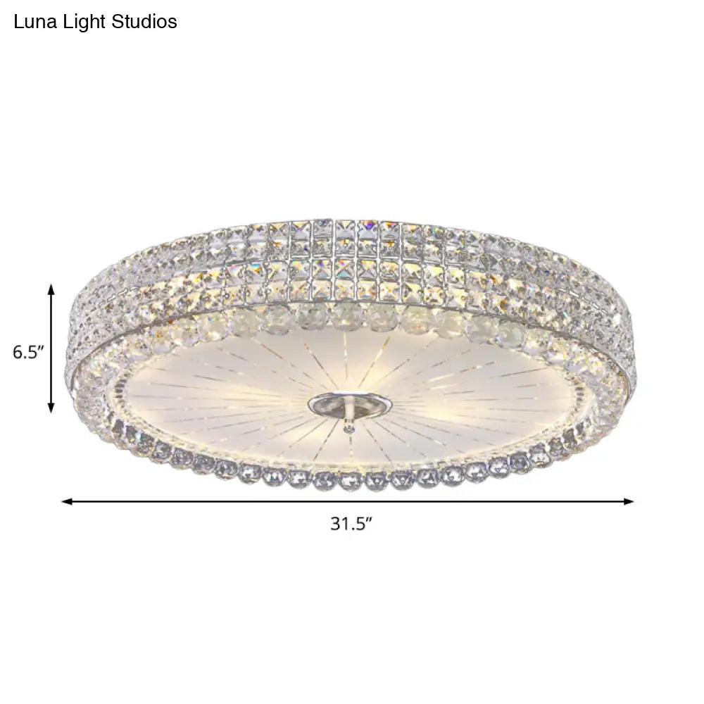 Contemporary Clear Crystal Multi-Head Flush Mount Ceiling Light In Chrome - 16’/19.5’ W Drum Lamp