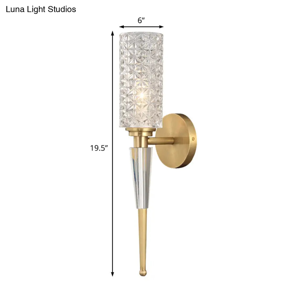 Contemporary Clear Crystal Wall Lamp With Gold Cylinder/Tapered Shade - 1 Light Sconce Fixture