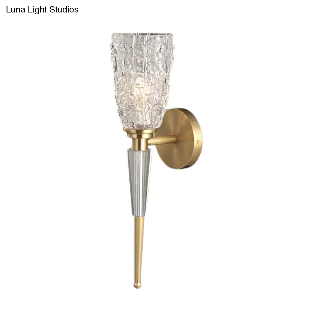 Contemporary Clear Crystal Wall Lamp With Gold Cylinder/Tapered Shade - 1 Light Sconce Fixture
