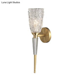 Contemporary Clear Crystal Wall Lamp With Gold Cylinder/Tapered Shade - 1 Light Sconce Fixture