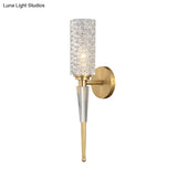 Contemporary Clear Crystal Wall Lamp With Gold Cylinder/Tapered Shade - 1 Light Sconce Fixture