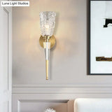 Contemporary Clear Crystal Wall Lamp With Gold Cylinder/Tapered Shade - 1 Light Sconce Fixture