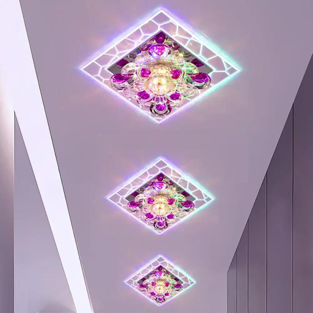 Contemporary Clear Led Crystal Ceiling Lamp For Hallway - Flower Square Flush Mount / Multi Color