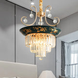 Contemporary Cone Crystal Rod Ceiling Light 3/5 Heads With Green/Dark Green Chandelier Illumination
