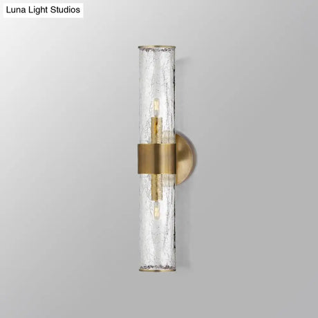 Contemporary Crackle Glass Wall Mounted Lighting: 2 Bulb Cylindrical Sconce In Brass