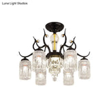 Contemporary Crystal Black Flush Chandelier -Cylindrical Bedroom Semi Ceiling Mount Lamp (3/6 Heads)