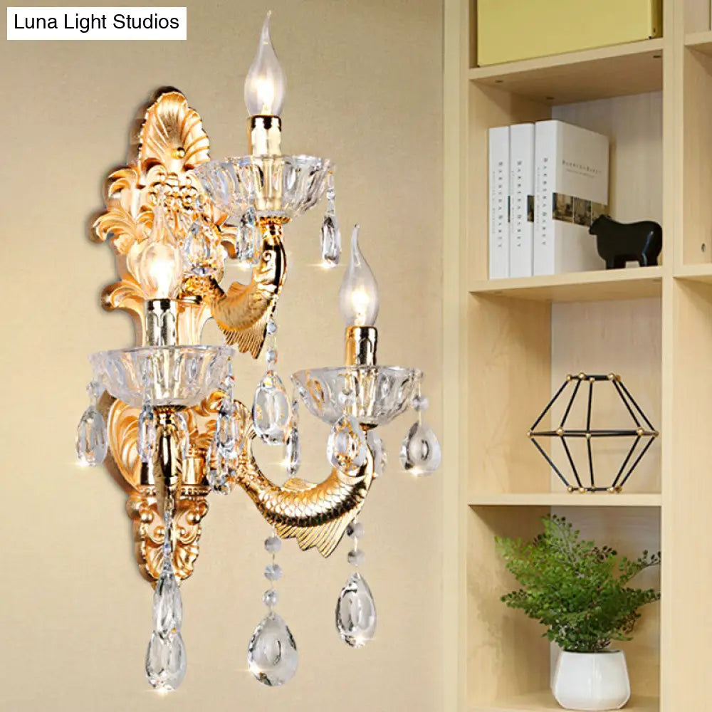 Contemporary Crystal Candelabra Wall Lamp - 2-Light Gold Corridor Mount Light