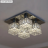 Contemporary Crystal Ceiling Fixture: Silver Square Semi - Flush Mount With 8 Clear Heads