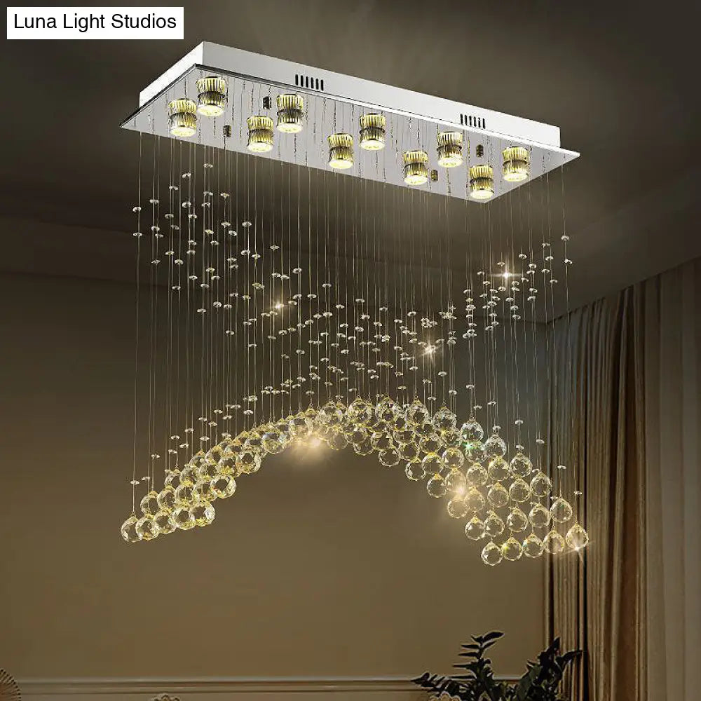 Contemporary Crystal Ceiling Light Fixture - 10 Heads Bend Flush Mount In Nickel Finish
