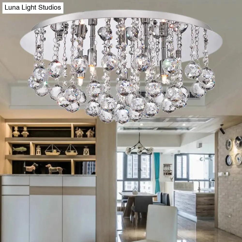 Contemporary Crystal Chrome Ceiling Light - Cascading Flush Mount 3/4/6 Lights 8’/14’/19.5’ Wide