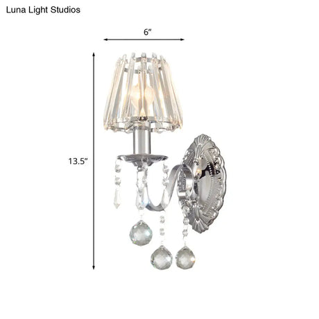 Contemporary Crystal Cone Wall Light Kit - Chrome Sconce With Drops 1/2-Light Fixture