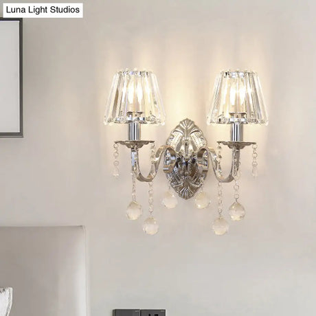 Contemporary Crystal Cone Wall Light Kit - Chrome Sconce With Drops 1/2-Light Fixture