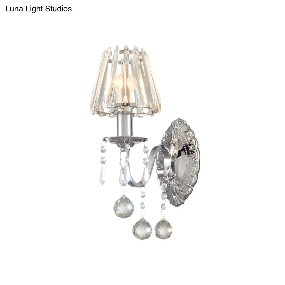 Contemporary Crystal Cone Wall Light Kit - Chrome Sconce With Drops 1/2-Light Fixture
