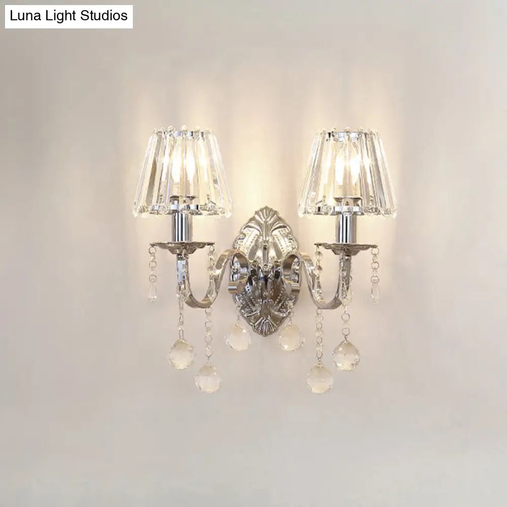 Contemporary Crystal Cone Wall Light Kit - Chrome Sconce With Drops 1/2-Light Fixture