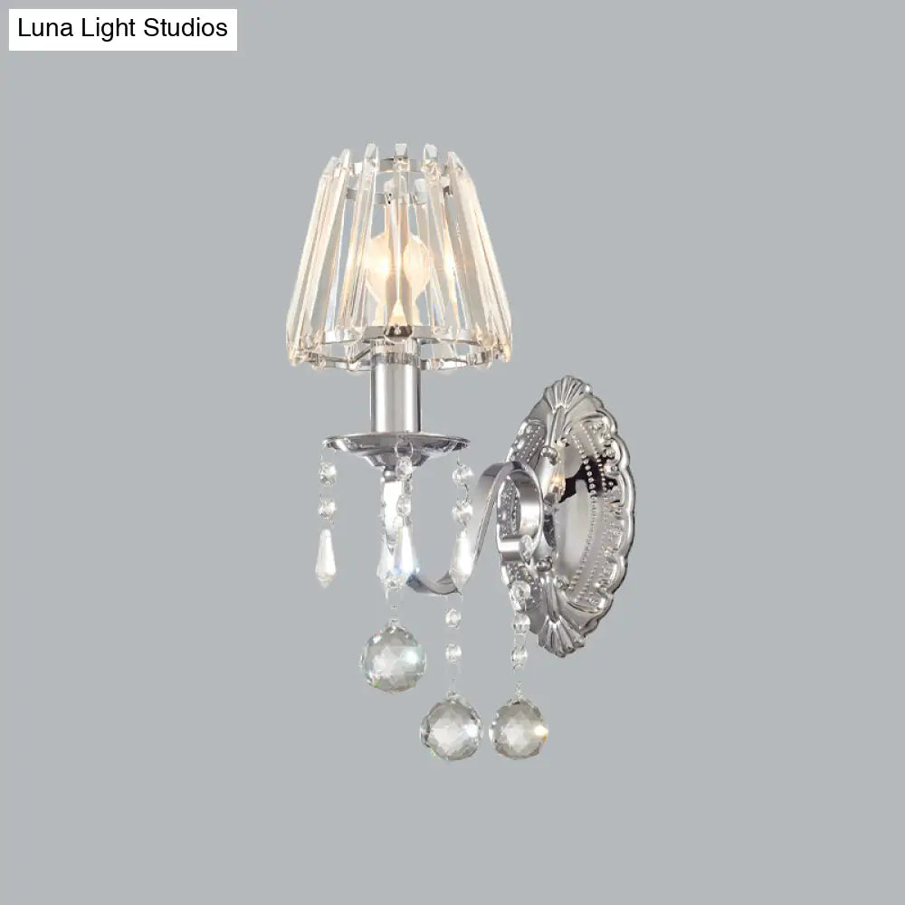 Contemporary Crystal Cone Wall Light Kit - Chrome Sconce With Drops 1/2-Light Fixture