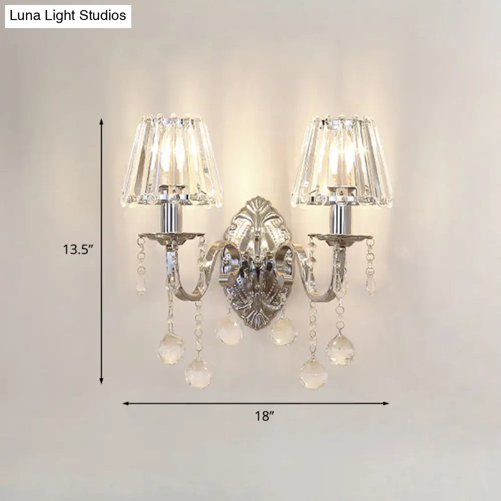 Contemporary Crystal Cone Wall Light Kit - Chrome Sconce With Drops 1/2-Light Fixture