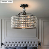 Contemporary Crystal Drum Ceiling Fixture - 3 Lights Chrome/Black Semi Flush Mount