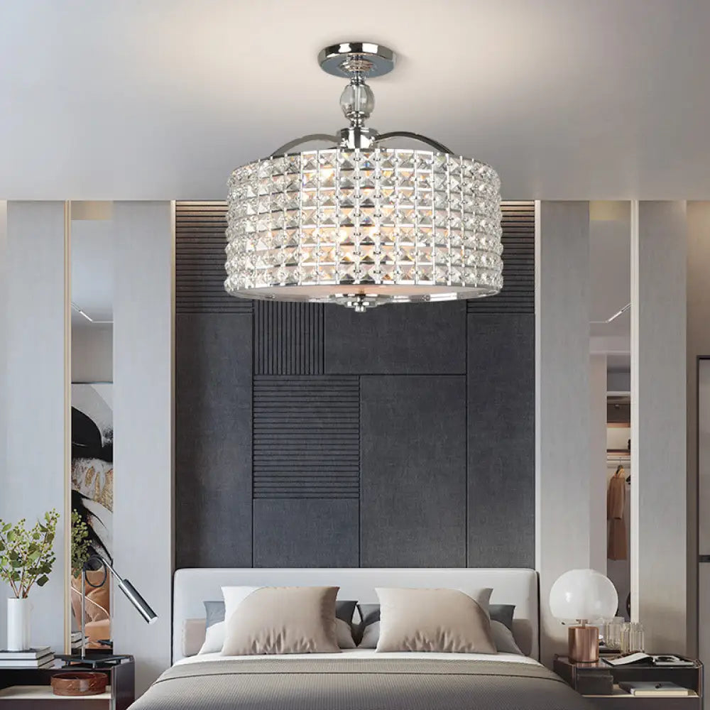 Contemporary Crystal Drum Ceiling Fixture - 3 Lights Chrome/Black Semi Flush Mount Chrome