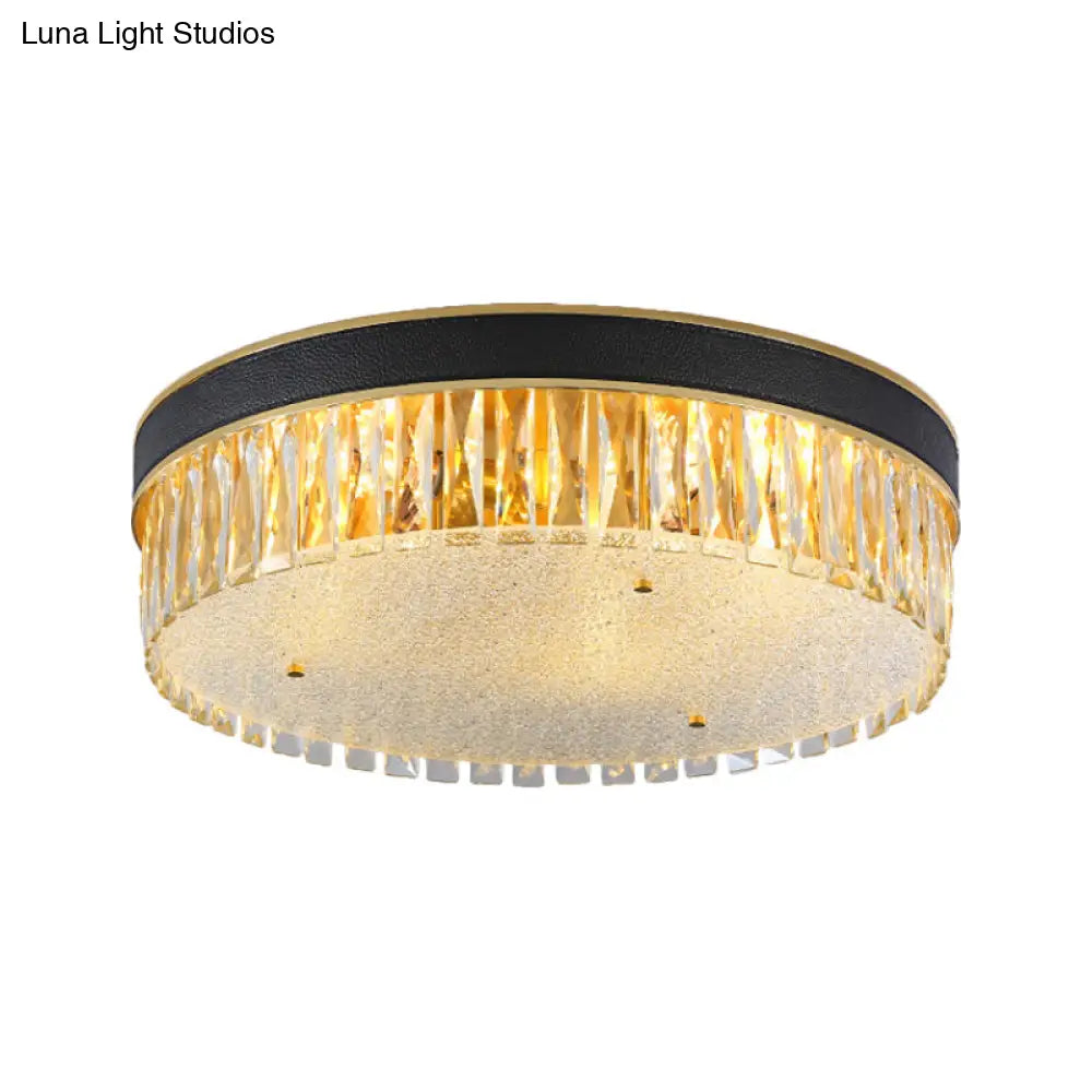 Contemporary Crystal Flush Mount Light In Gold 3/4 Heads Rectangle-Cut Drum Shape 12’/16’ Width
