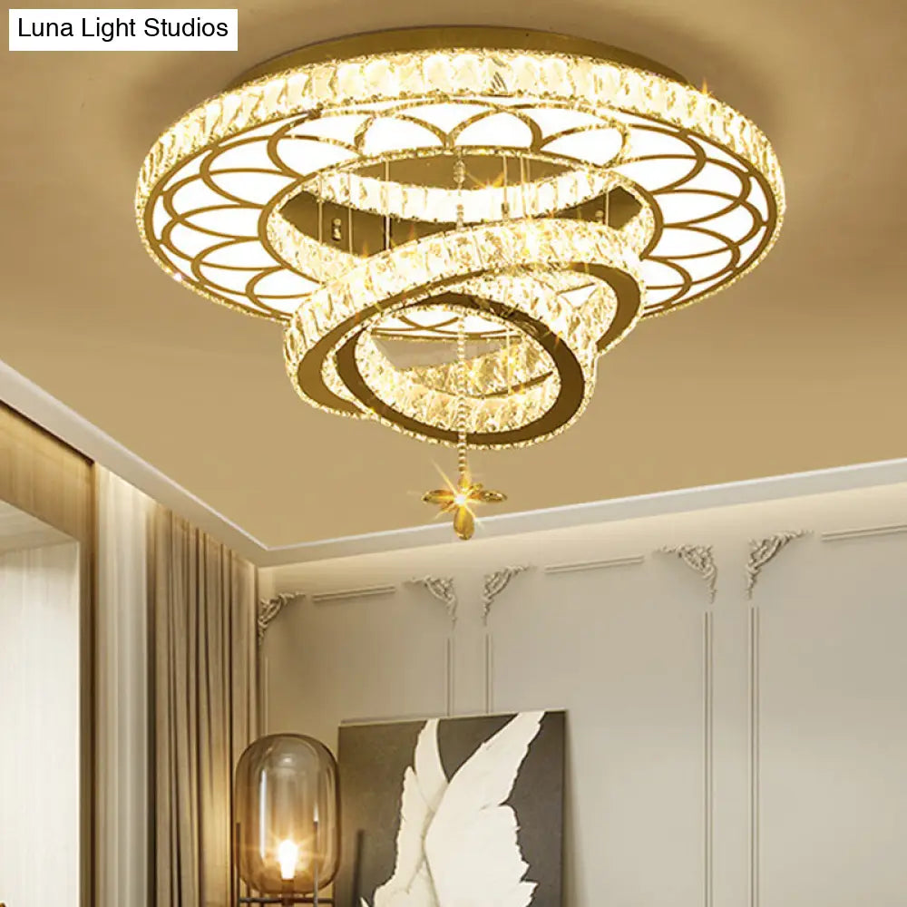 Contemporary Crystal Led Silver Rings Flush Mount Ceiling Light - Ideal For Bedroom