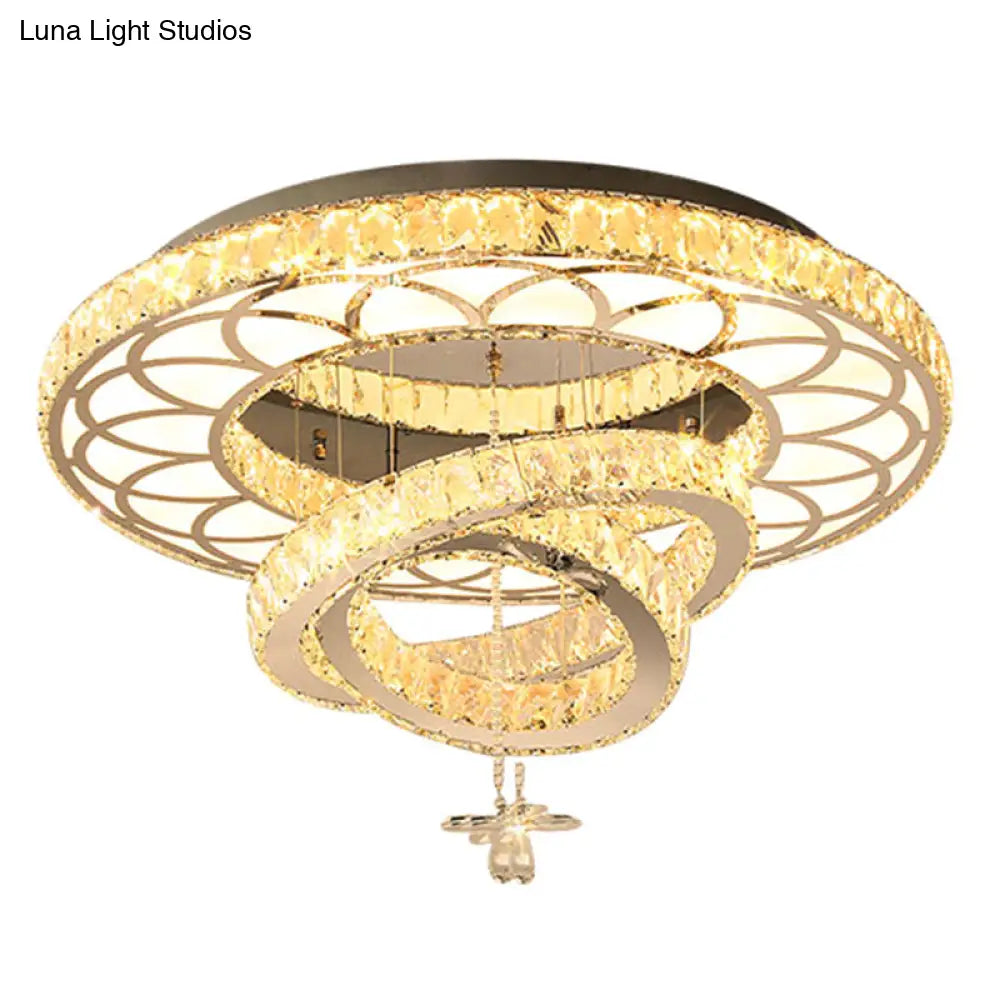 Contemporary Crystal Led Silver Rings Flush Mount Ceiling Light - Ideal For Bedroom