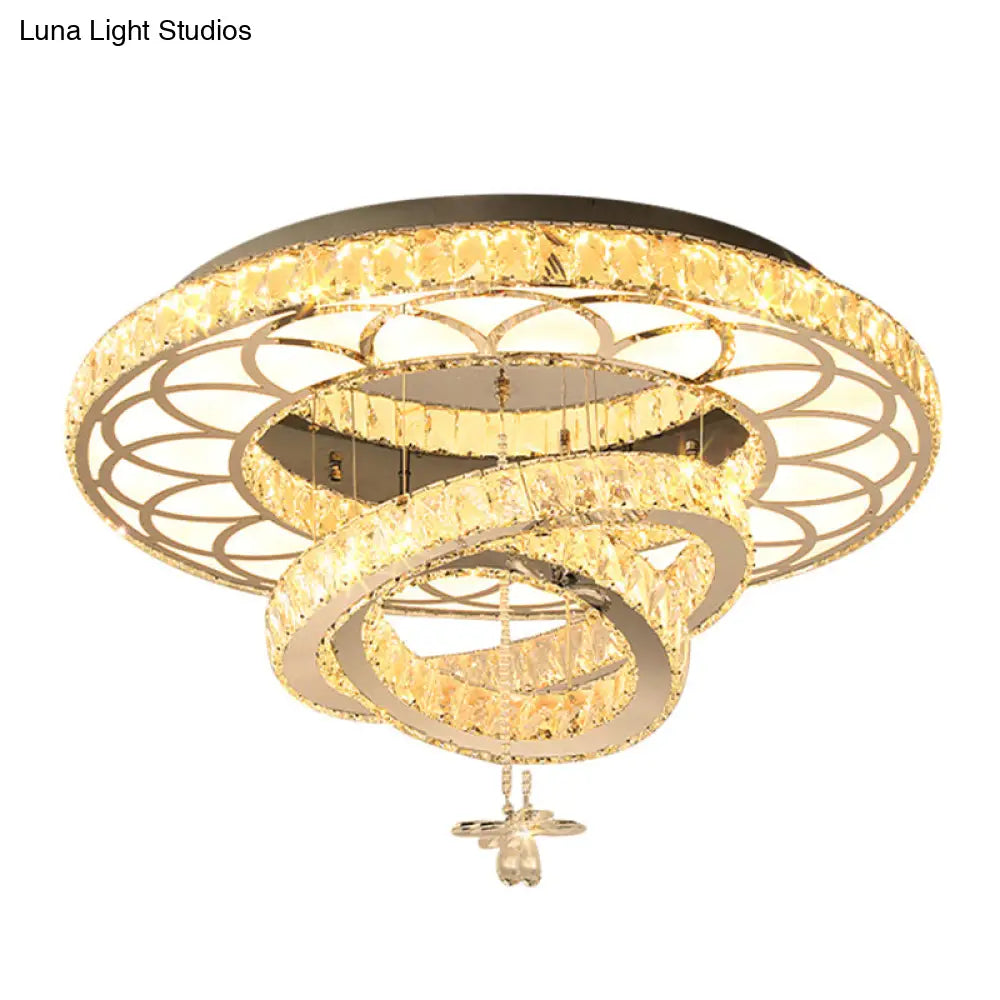Contemporary Crystal Led Silver Rings Flush Mount Ceiling Light - Ideal For Bedroom