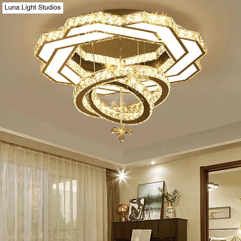 Contemporary Crystal Led Silver Rings Flush Mount Ceiling Light - Ideal For Bedroom
