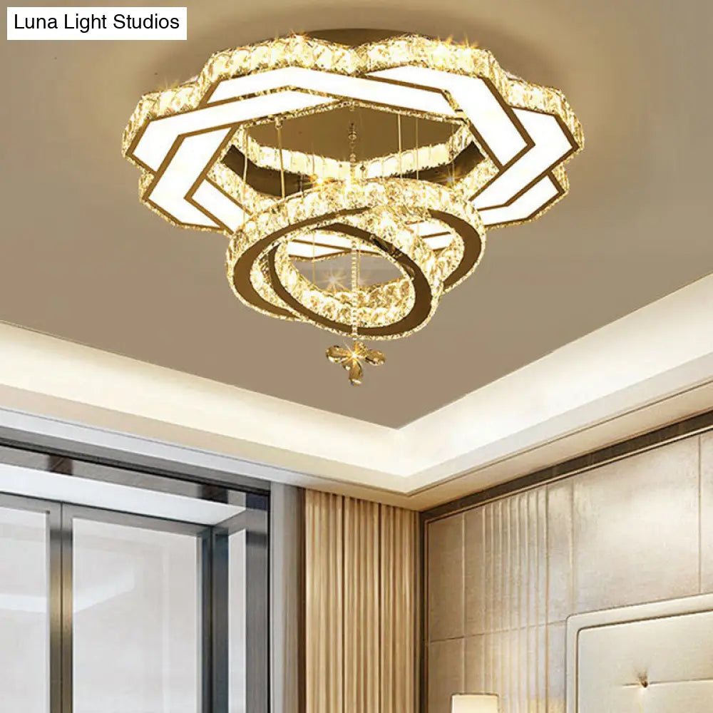Contemporary Crystal Led Silver Rings Flush Mount Ceiling Light - Ideal For Bedroom