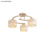 Contemporary Crystal Prism Cup Semi-Flush Chandelier With Gold Curved Arm - 3 Heads Ceiling Mount